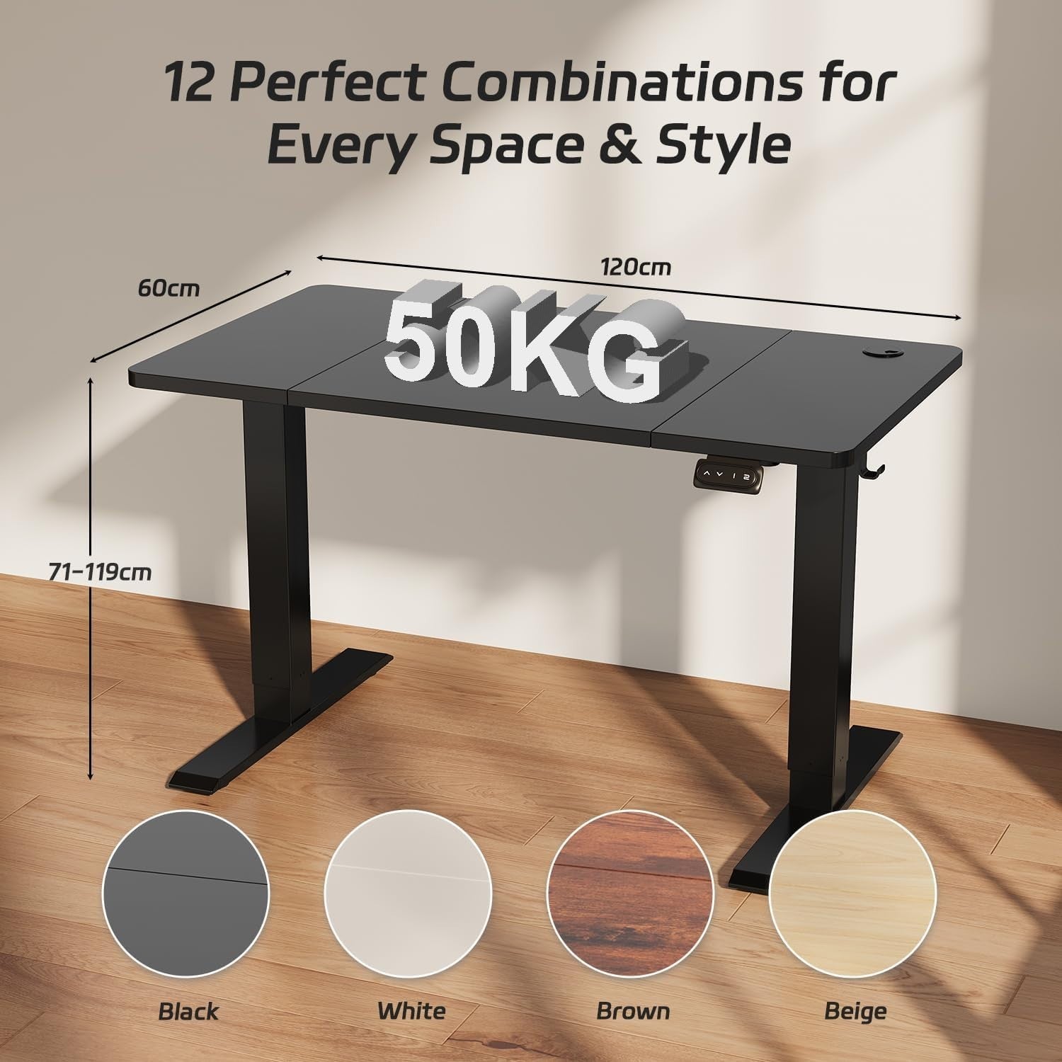 Electric Standing Desk 120x60cm Adjustable Sit Stand Table with Memory, Black