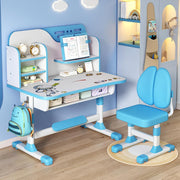 Kids Study Desk Chair Set Height Adjustable Writing Table with Bookshelf Blue