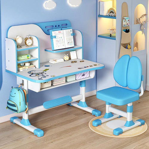 Kids Study Desk Chair Set Height Adjustable Writing Table with Bookshelf Blue