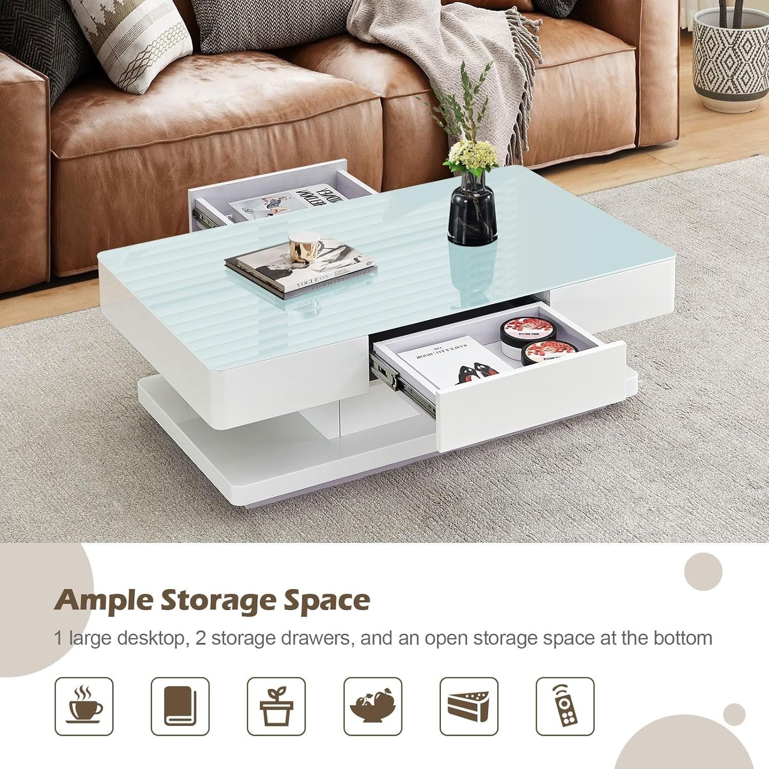 Modern White High Gloss Tempered Glass Coffee Table with 2 Drawers 100x60cm