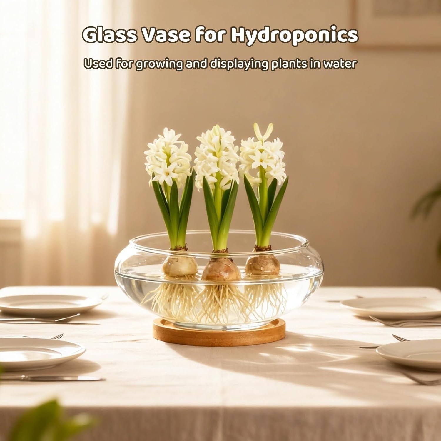4pc Glass Bowl Vase Set with Wooden Base – Modern Table Centrepiece Decor