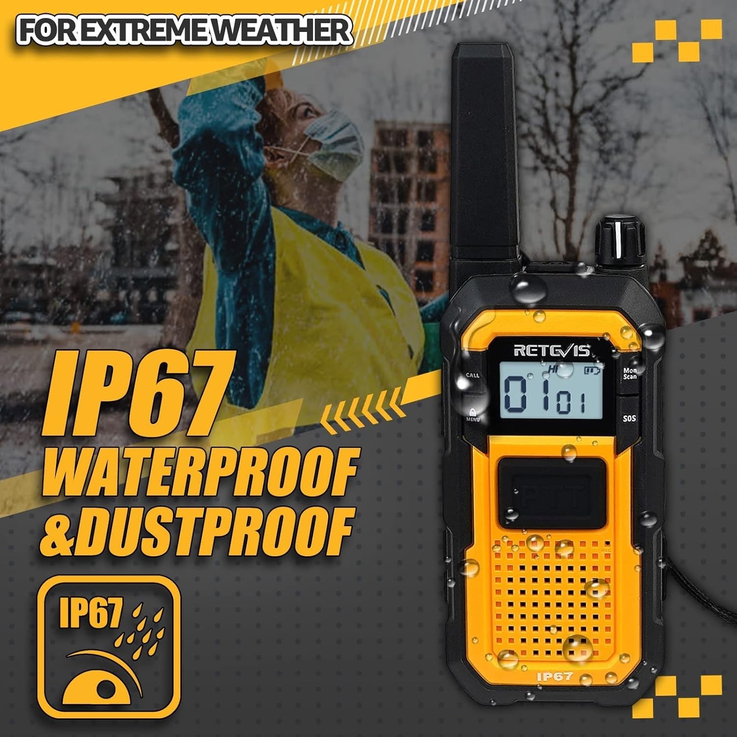 Rugged Waterproof Walkie Talkies IP67 Dual PTT 2000mAh 2 Pack