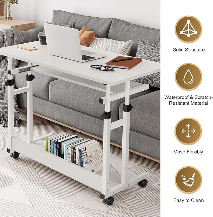 Rolling Study Desk White with Keyboard Tray Height Adjustable Work Table