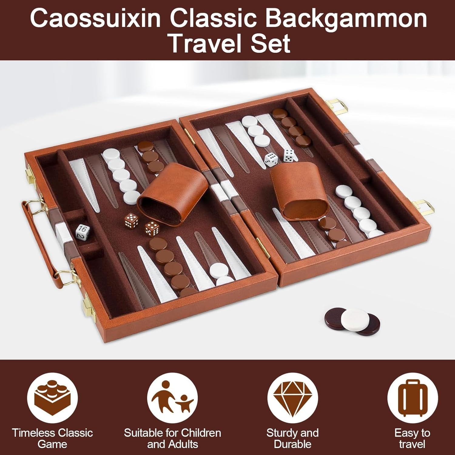 15 Inch Backgammon Set Leather Case Portable Travel Board Game Dice Cups
