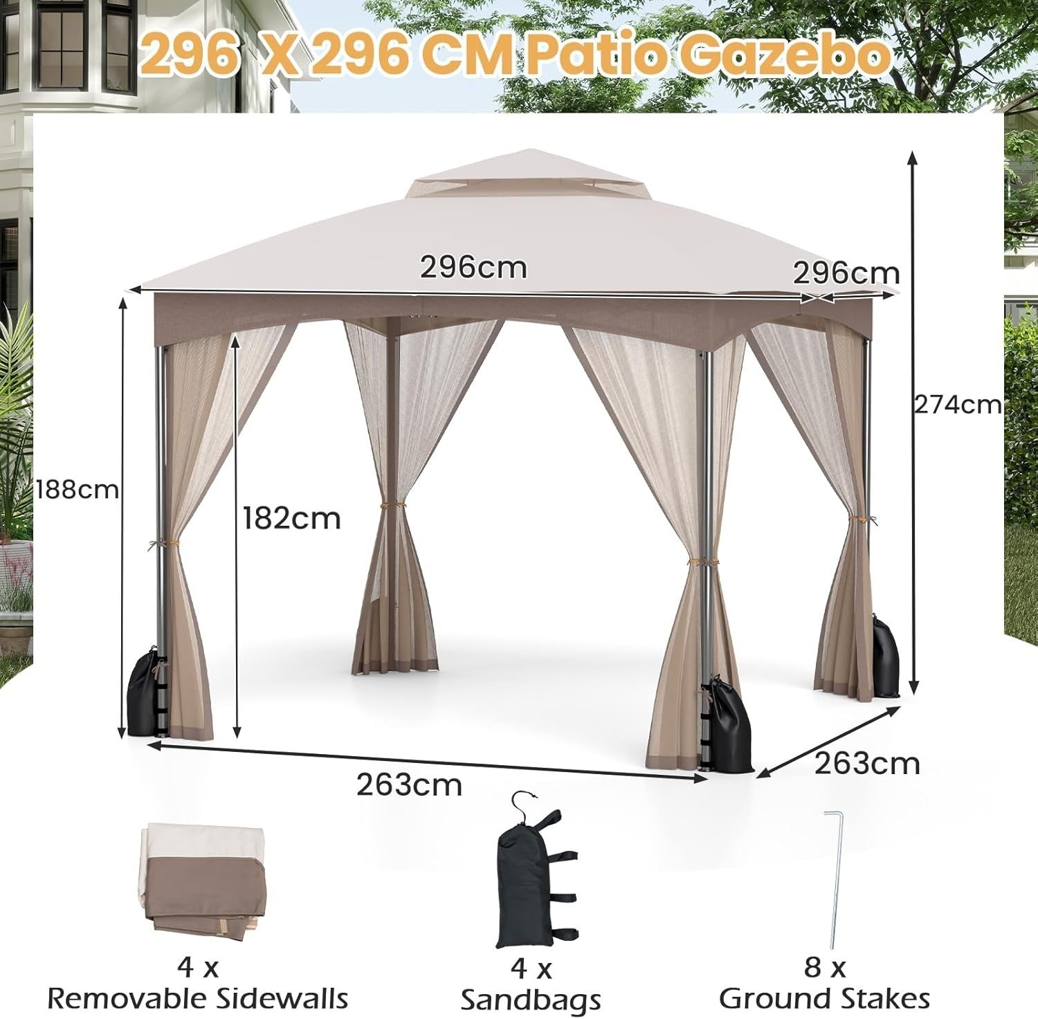 3x3M Garden Gazebo Double Roof Patio Tent With Netting & Sandbags Khaki