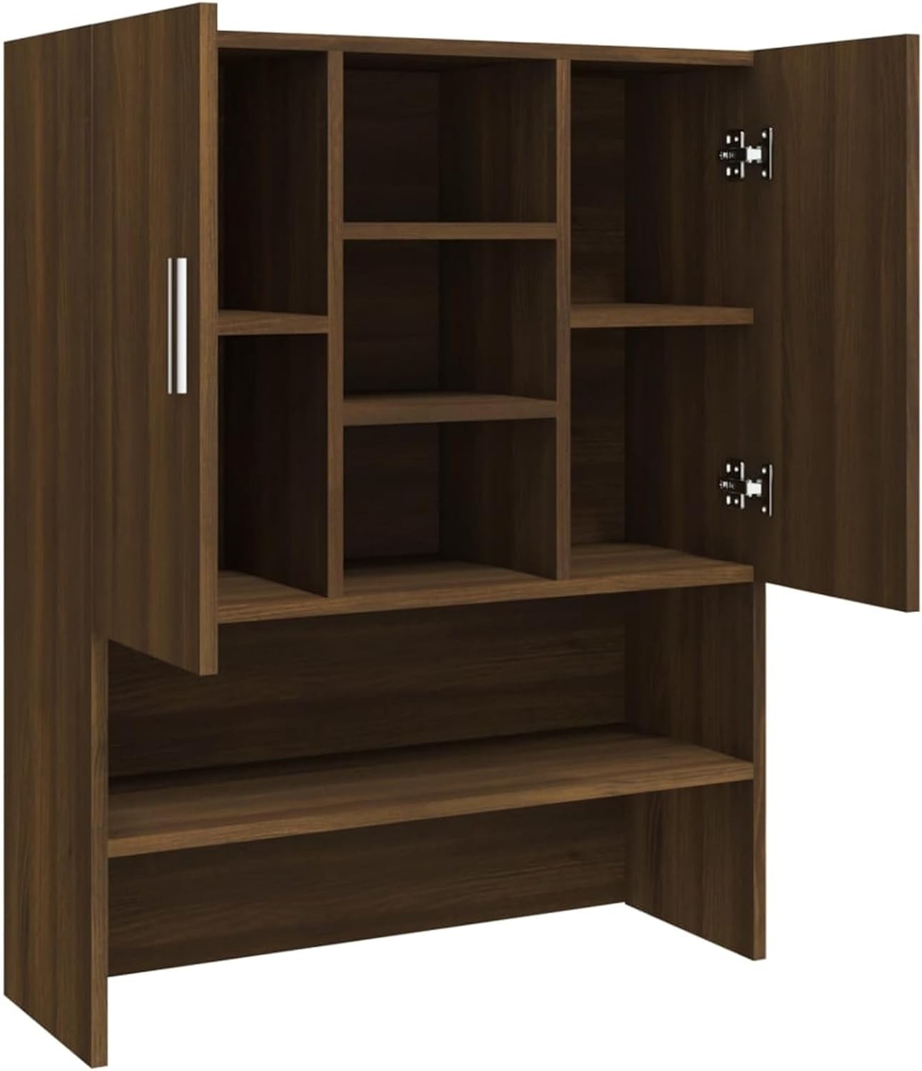 Brown Oak Washing Machine Cabinet Tall Laundry Storage Unit with Doors & Shelves