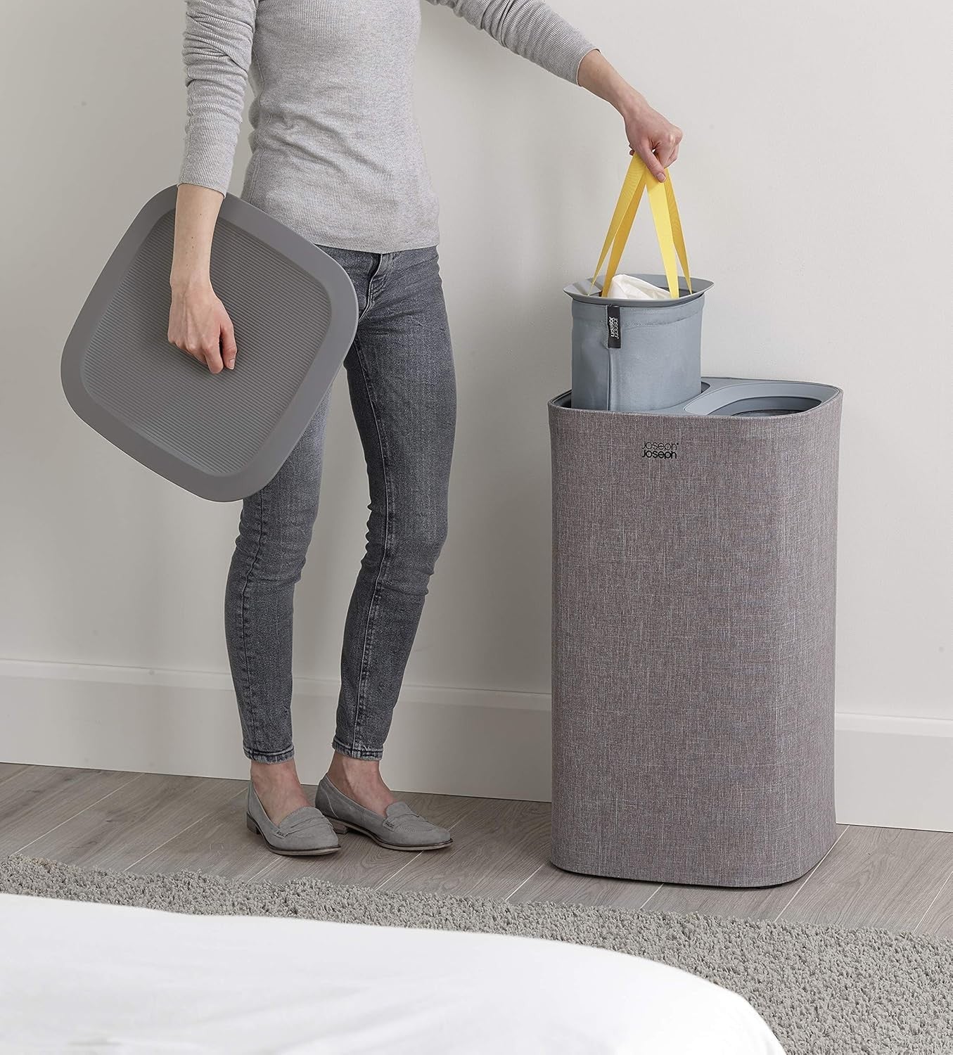60L Dual Laundry Basket with Lid Removable Washing Bags Modern Grey Fabric