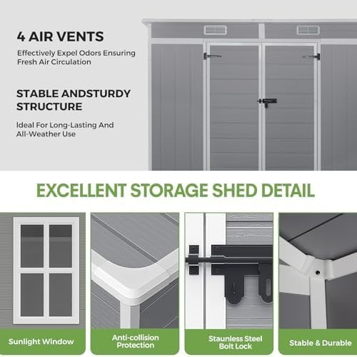 Plastic Garden Storage Shed 8x4ft Waterproof Outdoor Tool Shed with Floor Grey