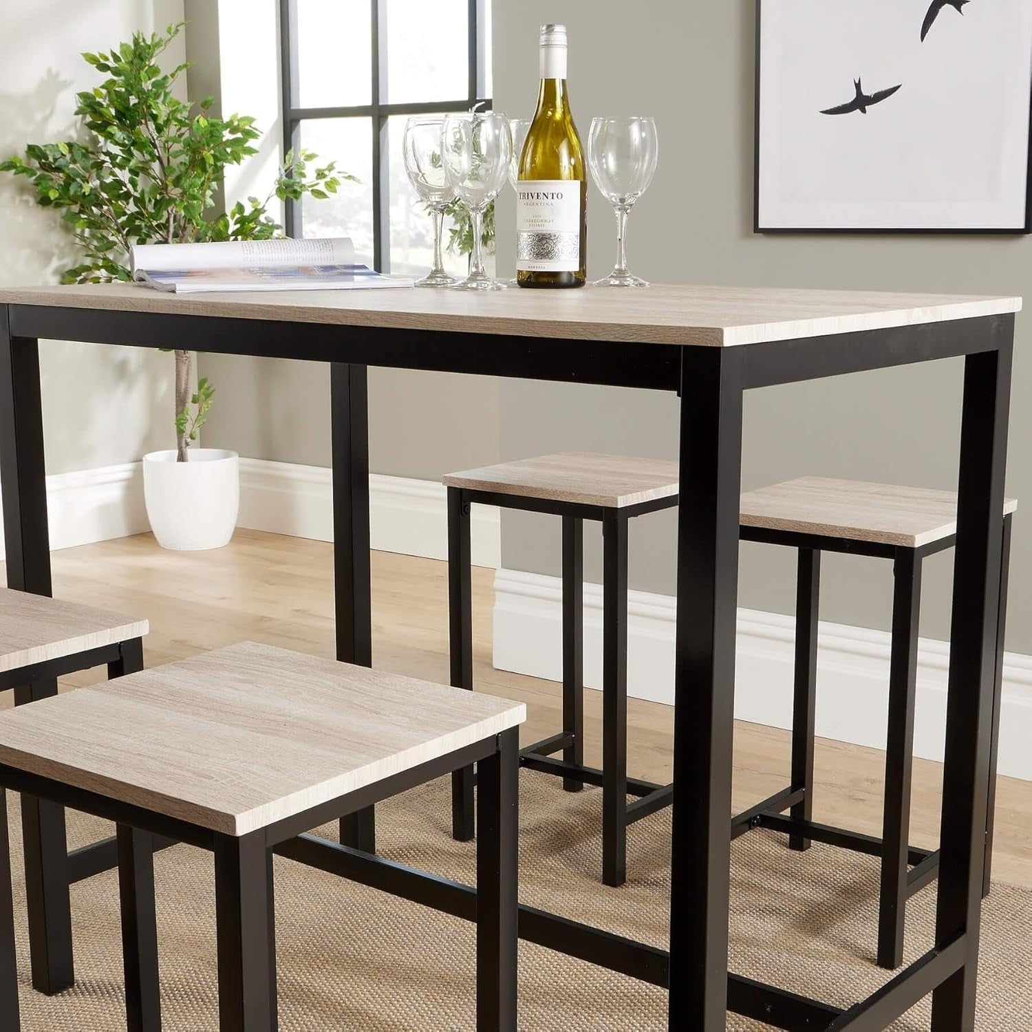 5-Piece Breakfast Bar Table & 4 Stools Set Industrial Oak Effect Dining Home