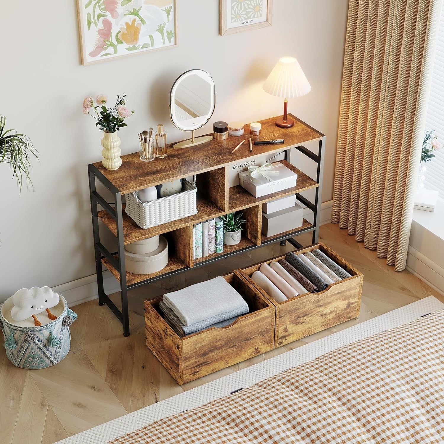 4 Tier White Bookcase with 2 Drawers Modern Storage Shelf for Living Room Brown