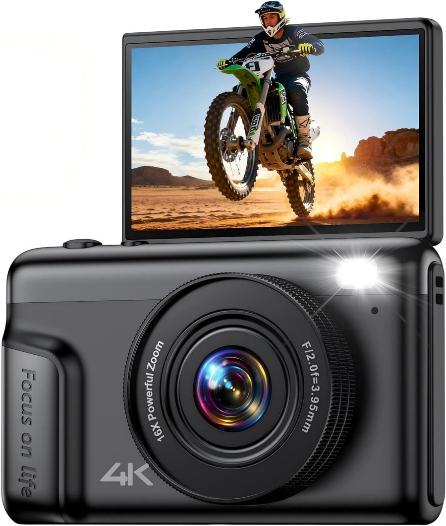 4K Digital Camera 64MP Vlogging Camera Flip Screen 16X Zoom Black