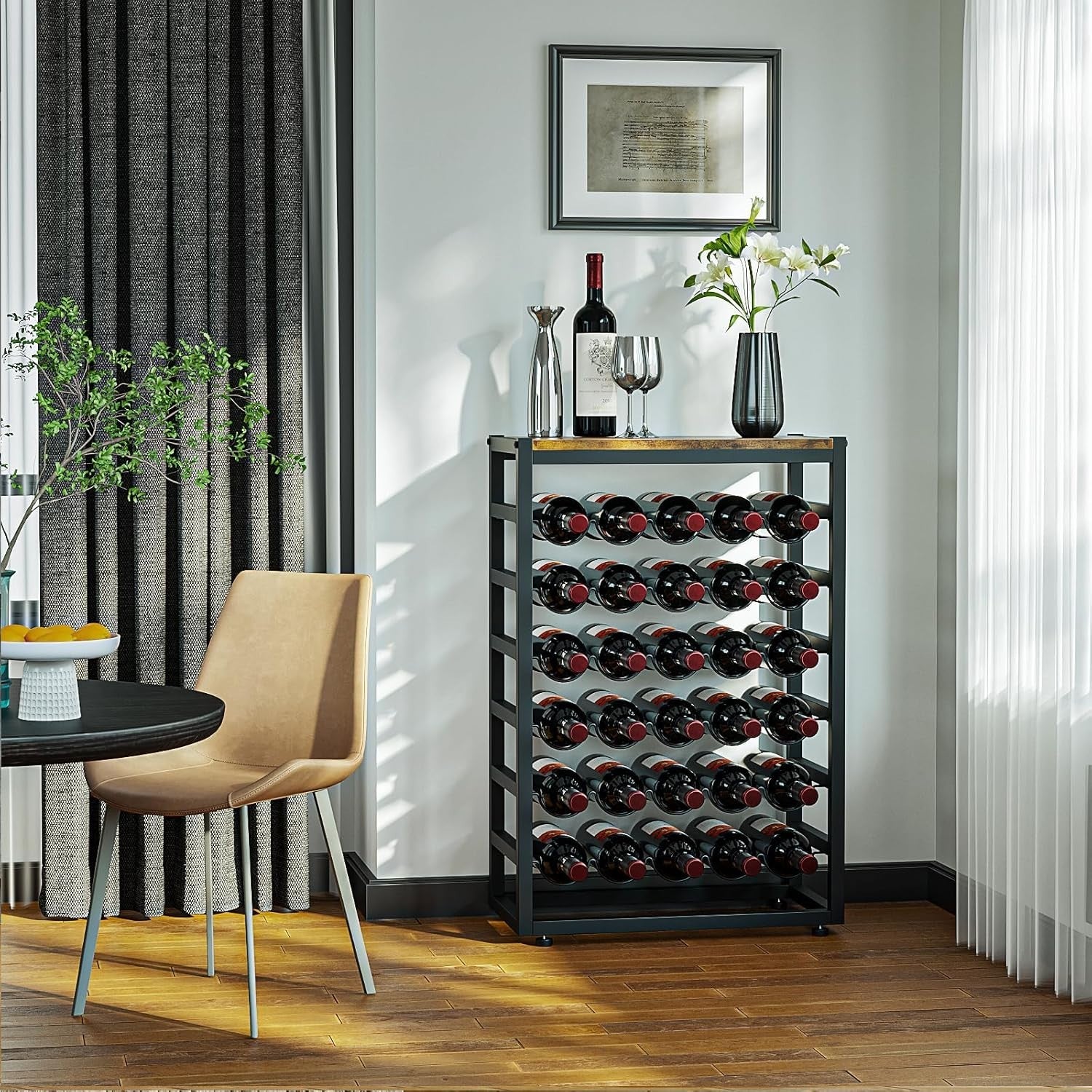 30 Bottle Wine Rack Floor Standing with Wood Top, 6-Tier Metal Wine Storage