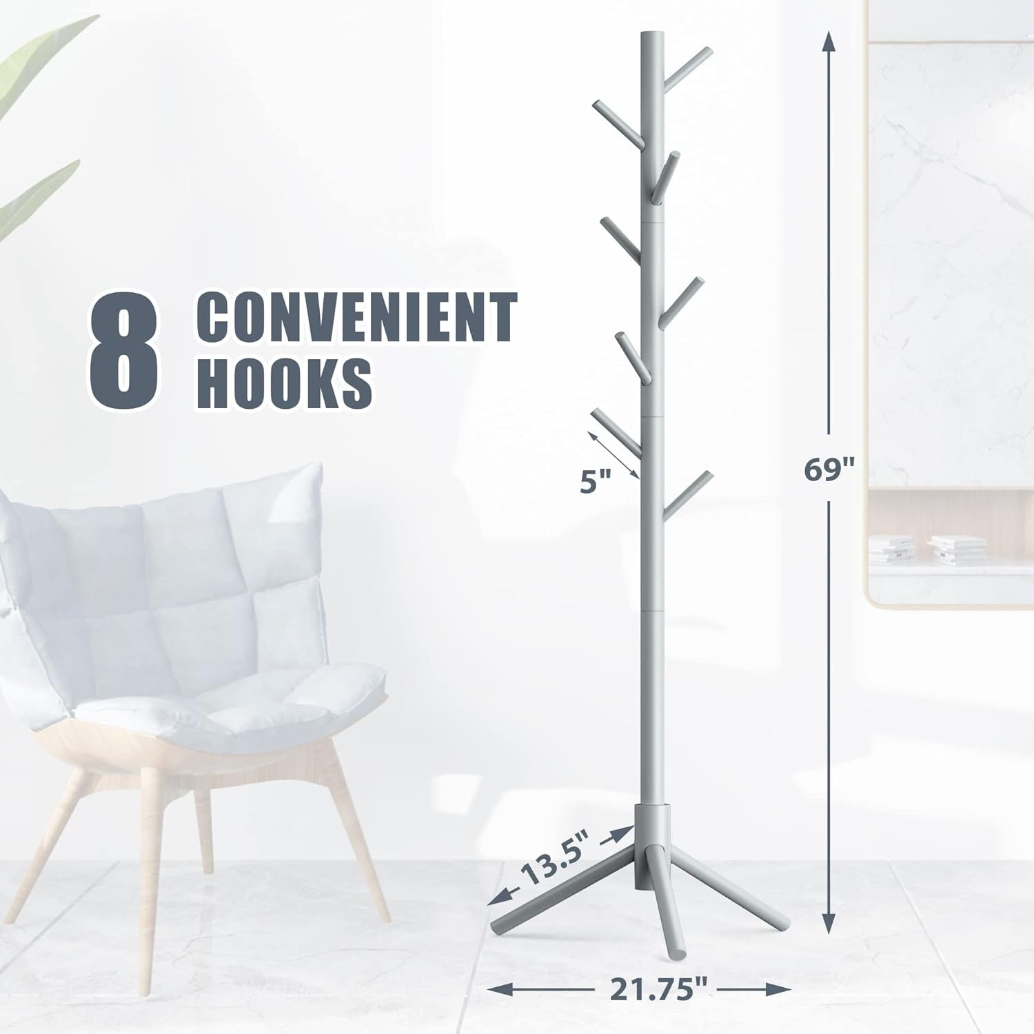 Grey Wooden Coat Rack Stand 8 Hooks Adjustable Hall Tree for Coats Hats Bags