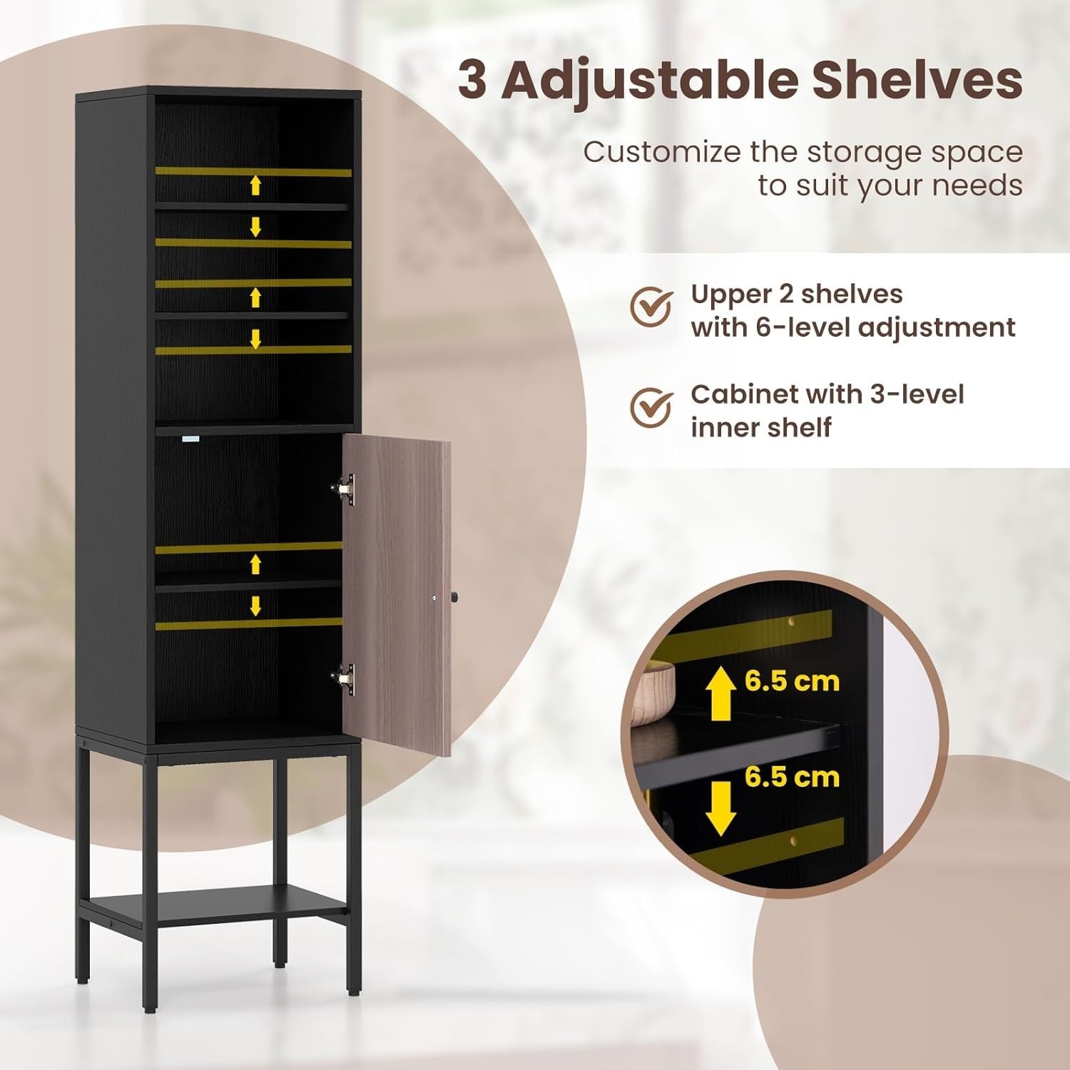 146cm Tall Wooden Storage Cabinet Black Adjustable Shelves Slim Cupboard