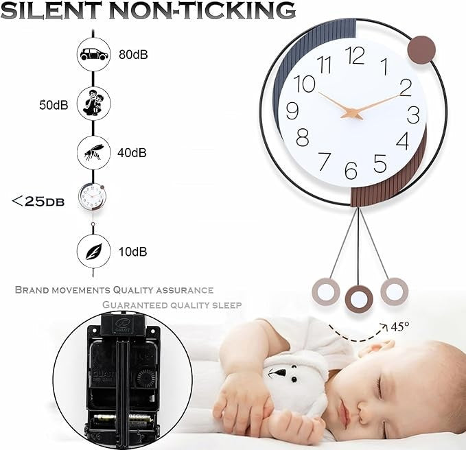 Modern 20×13in Silent Pendulum Wall Clock Brown Metal Art Decor for Home
