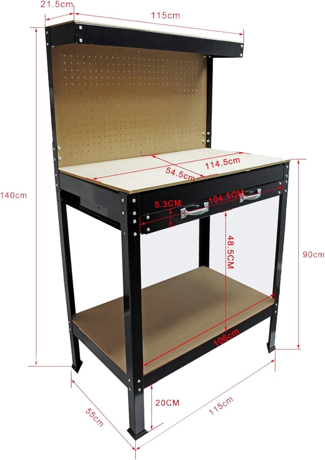 Workbench with Drawer Pegboard Shelf 1150x550x1400mm Garage Tool Station