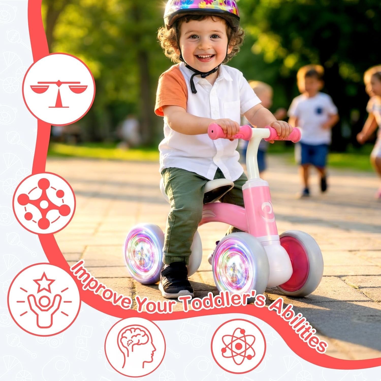 Baby Balance Bike 4 Wheel Toddler Ride On Adjustable Seat Light Up Pink