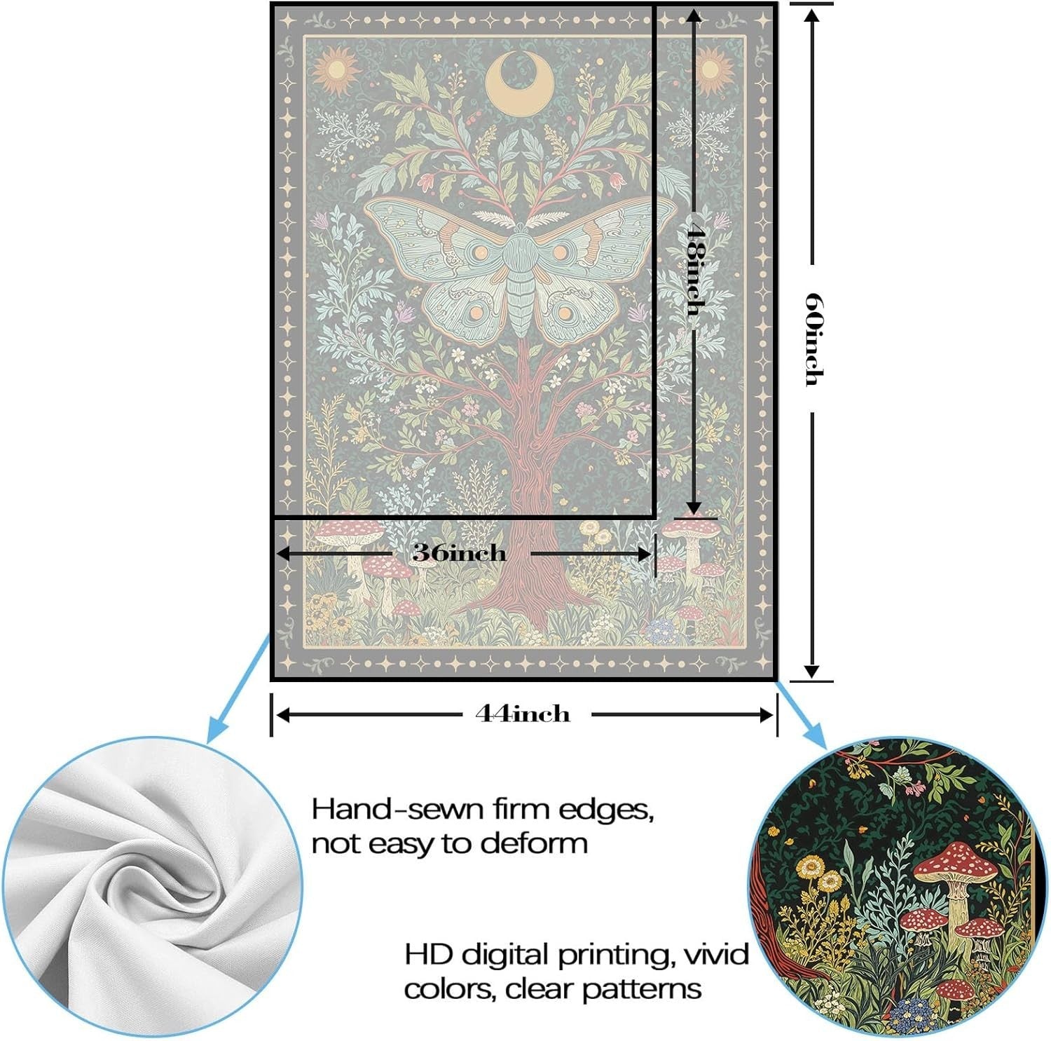 Large Tree of Life Tapestry Celestial Moth Sun Boho 44x60