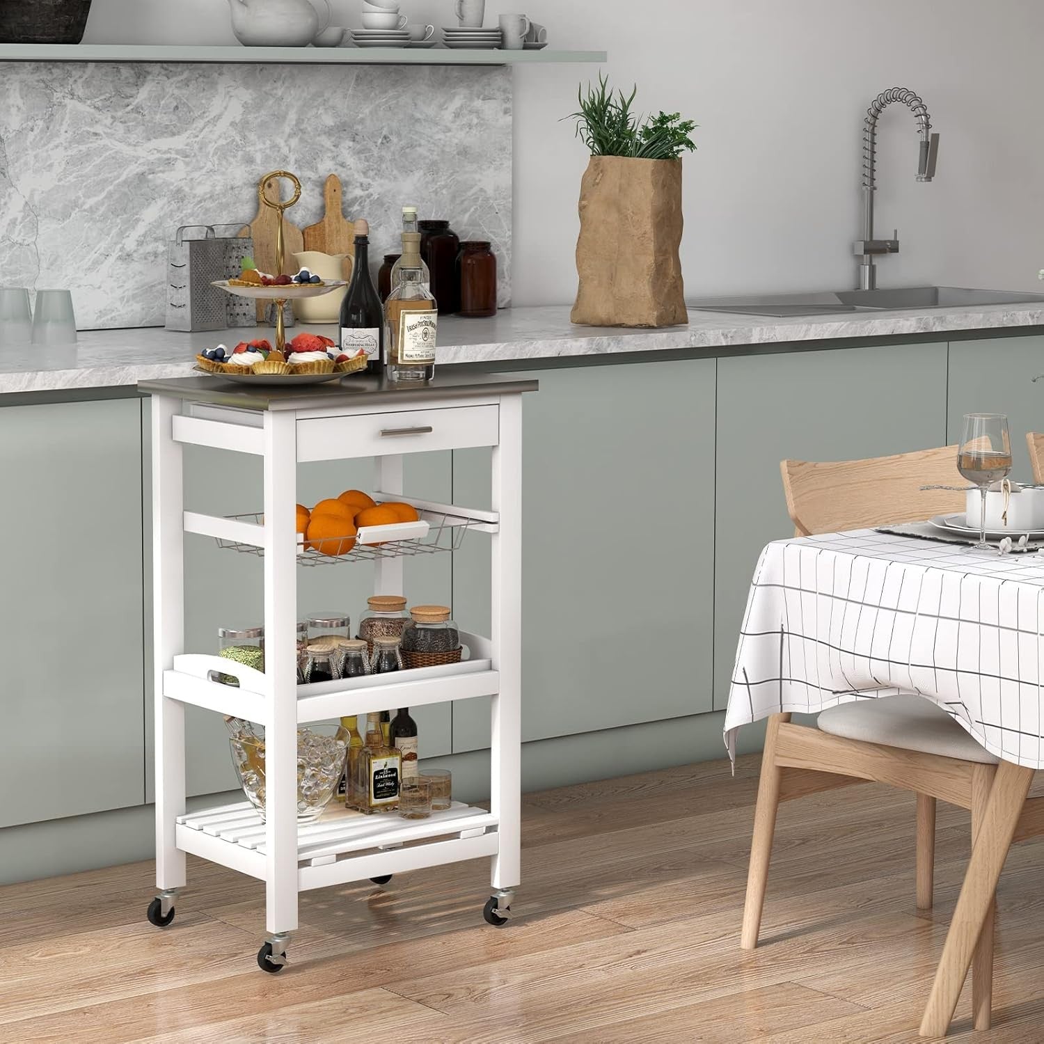 Kitchen Trolley on Wheels Storage Cart Stainless Steel Top Drawer