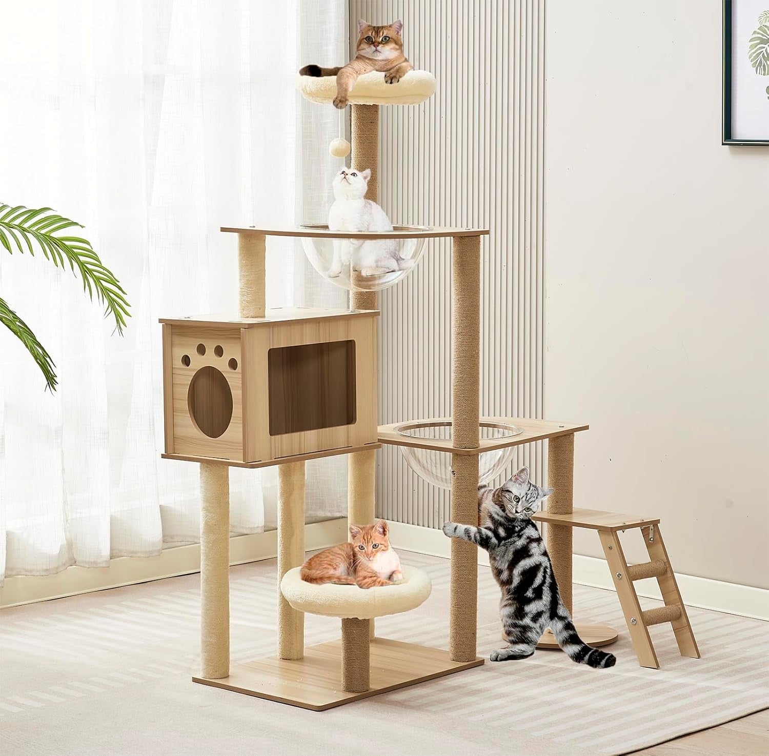 137cm Cat Tree Tower Condo Bowls Ladder Plush Perches Scratching Posts