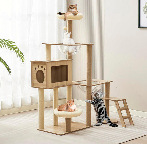 137cm Cat Tree Tower Condo Bowls Ladder Plush Perches Scratching Posts