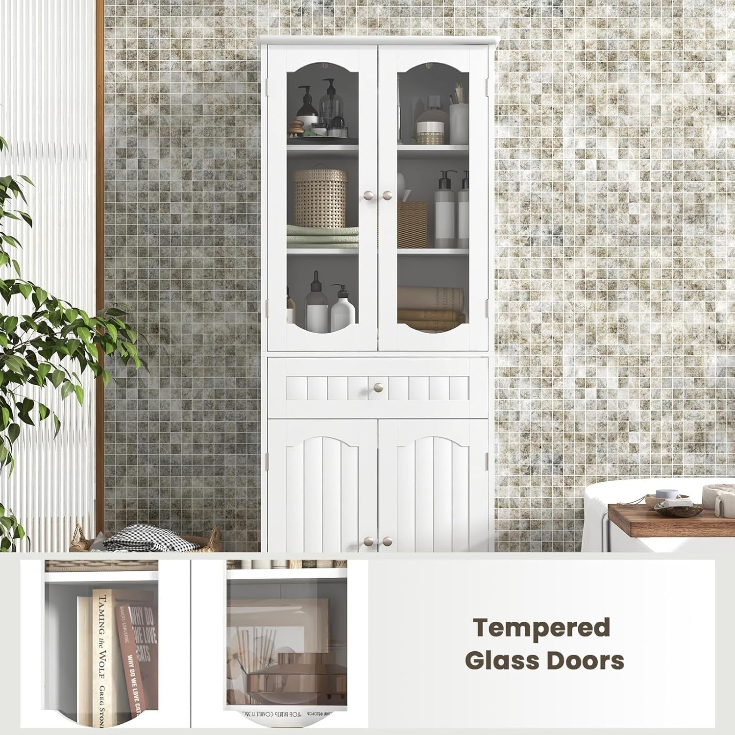 Tall Bathroom Cabinet White Freestanding Storage Cupboard 4-Door Drawer