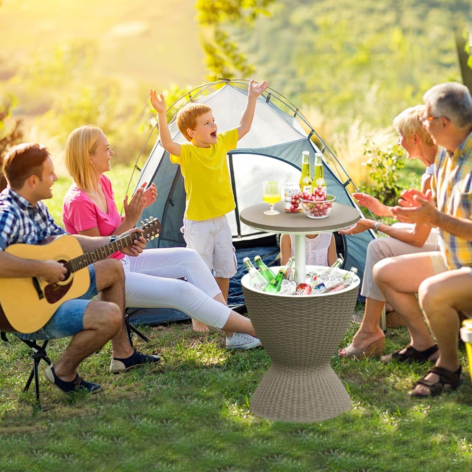 Outdoor Cool Bar Table Rattan Ice Bucket Beer Wine Cooler Height Adjustable