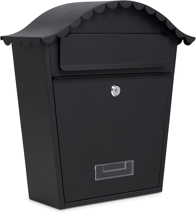 Lockable Wall Mounted Mailbox Black – Weatherproof Steel Post Box w/ 2 Keys