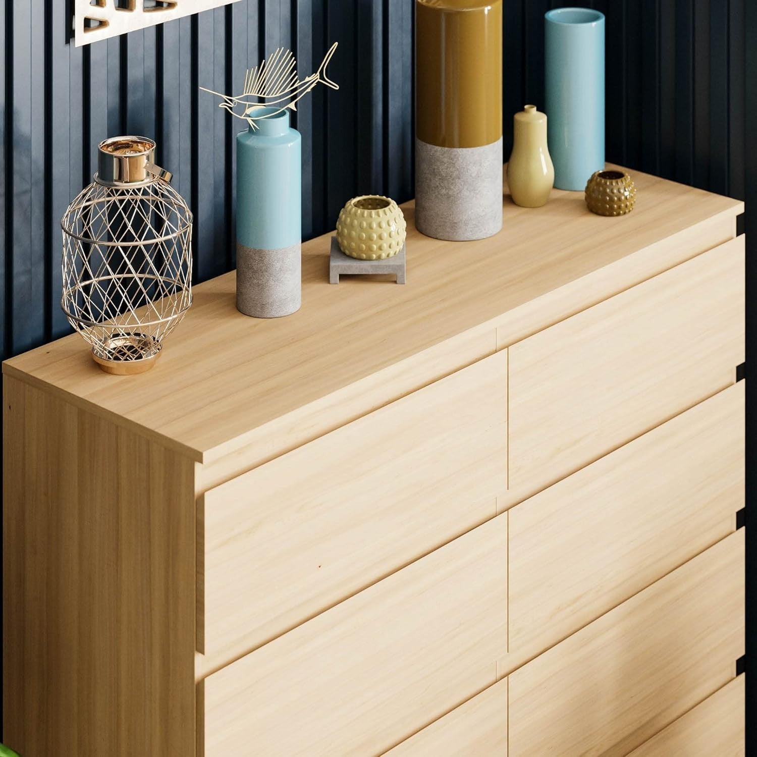 8 Drawer Chest Modern Wide Tallboy Storage Unit Pine Wood Finish
