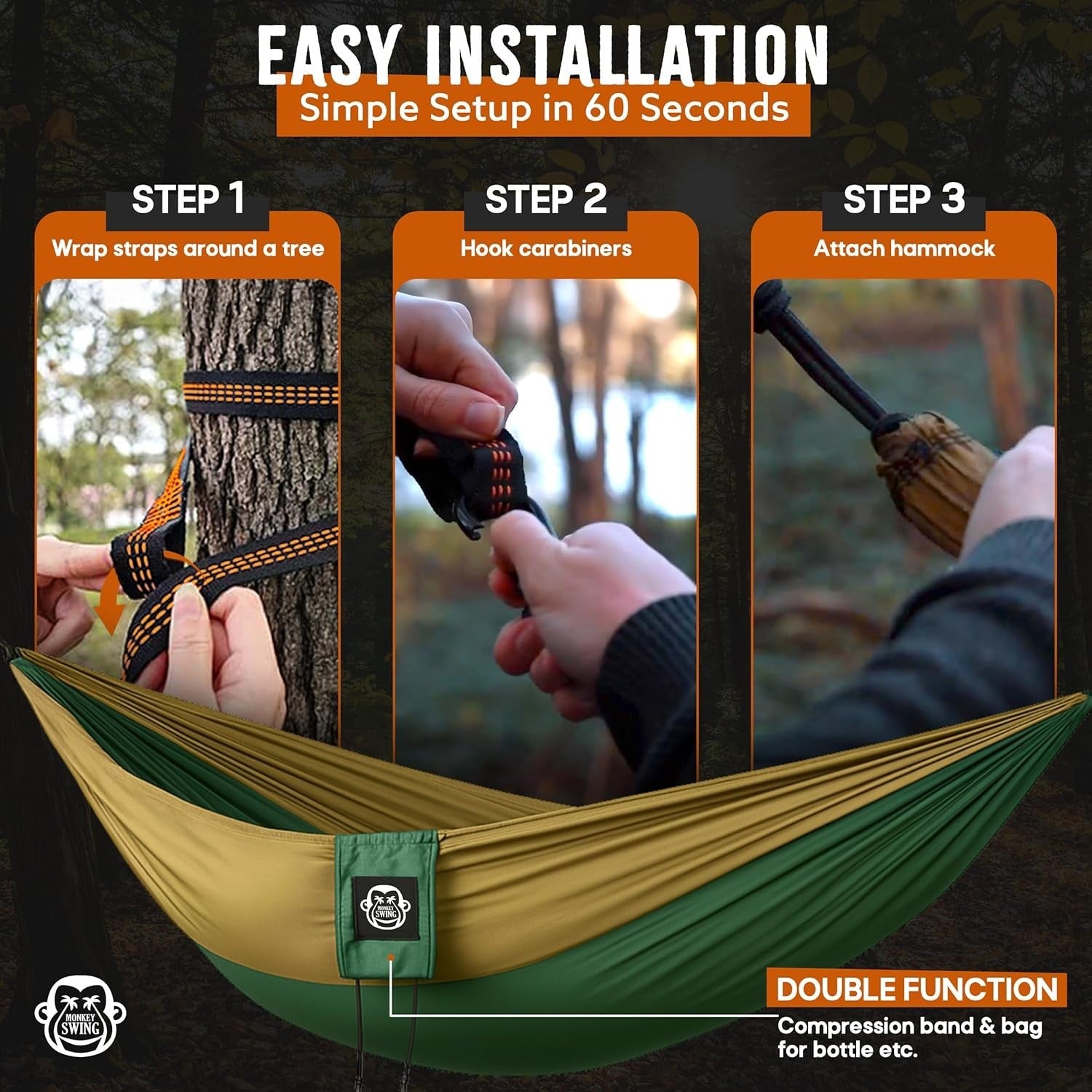 Ultralight Camping Hammock Green/Khaki | 300kg Load, Tree Straps & Carabiners