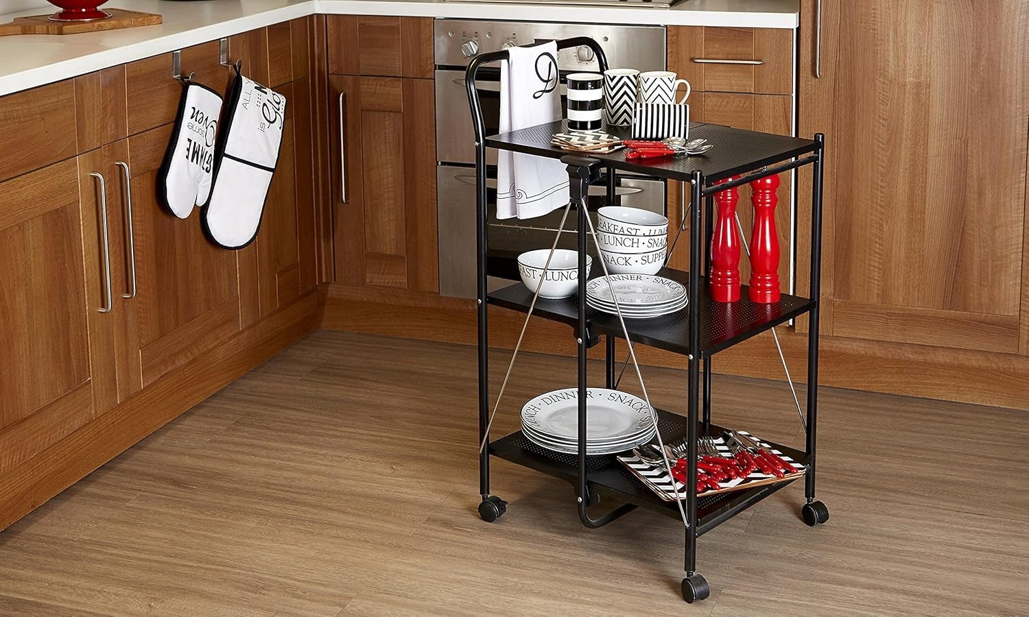 Folding Kitchen Trolley Cart 3 Tier Shelves Rolling Storage