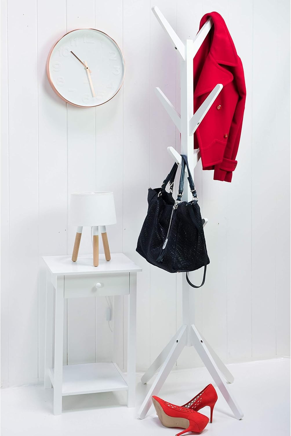 Scandinavian White Wooden Coat Stand Freestanding Modern Hallway Hat Rack Tree