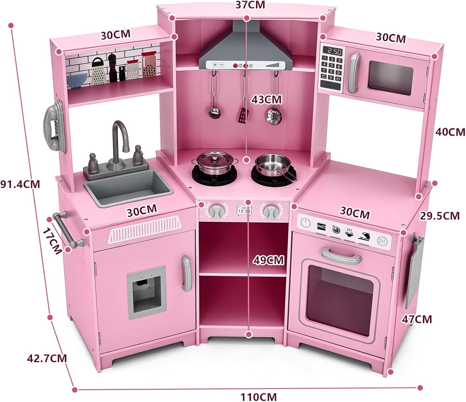 Corner Wooden Kids Play Kitchen Pink Lights Sounds Toy Set Large