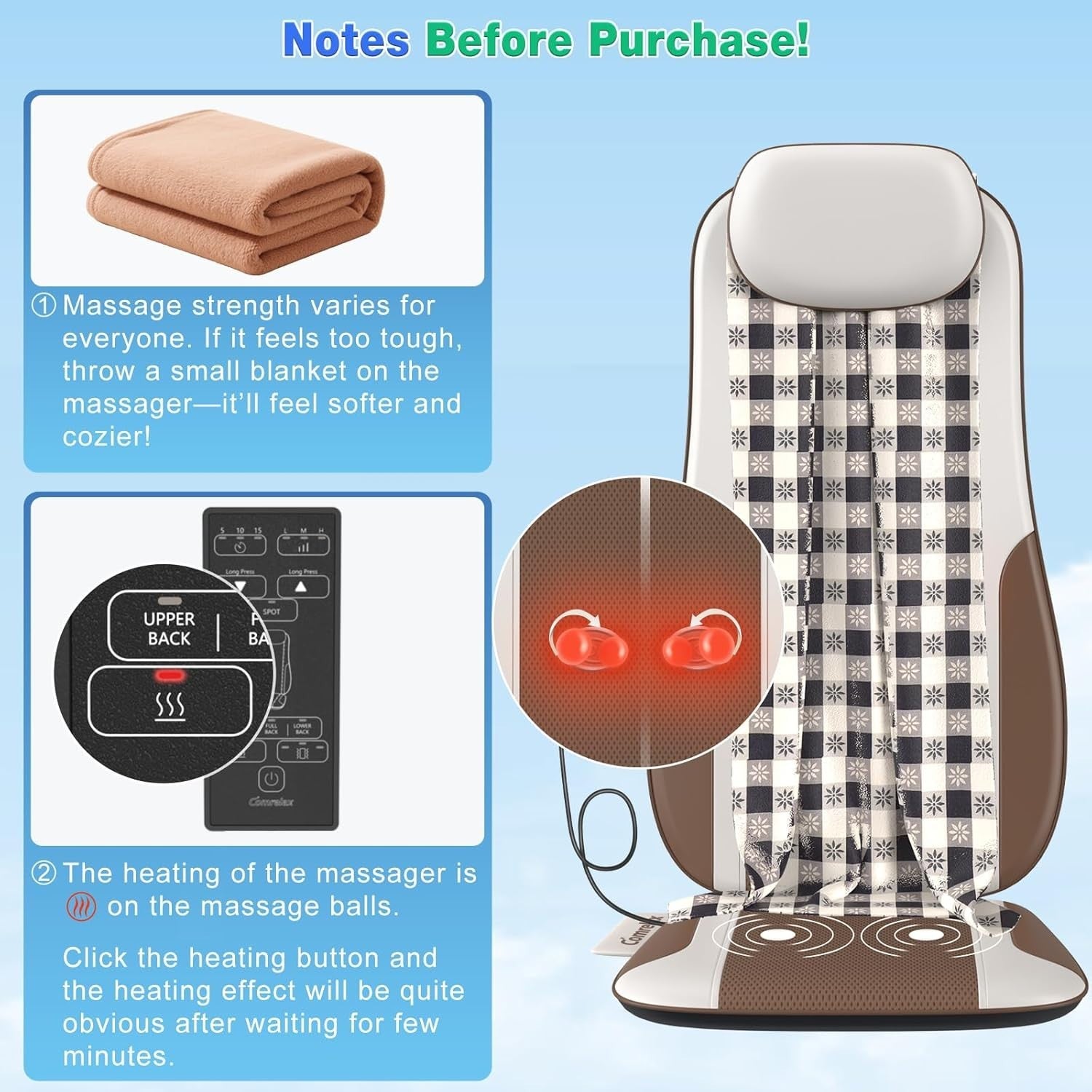 Shiatsu Back Massager Chair Pad Heat Kneading Roller Seat Cushion White