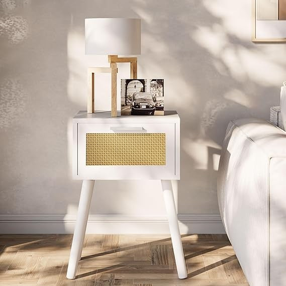 Set of 2 White Bedside Tables with Rattan Drawer & Wood Legs, Modern Nightstands