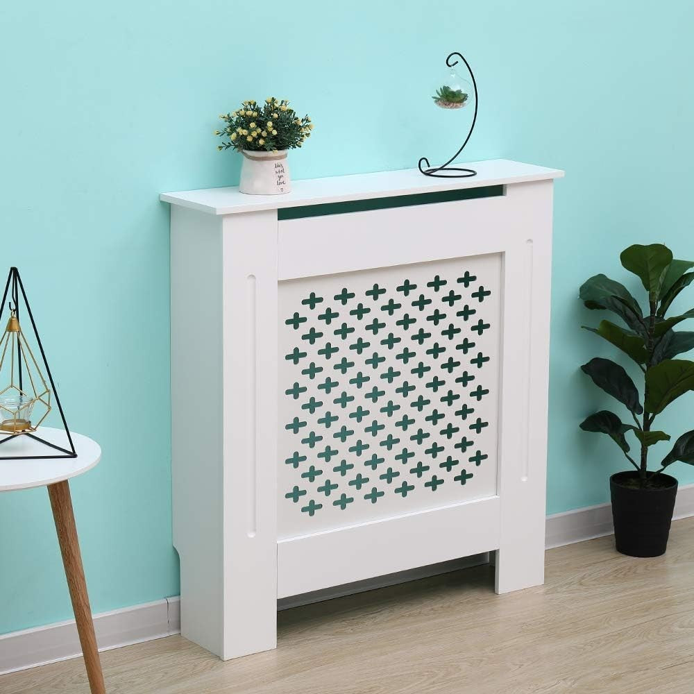 Small White Radiator Cover | Modern MDF Cabinet with Grey Cross Pattern