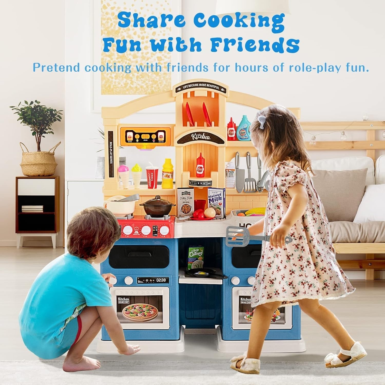 Kids Kitchen Playset w/ 69PCS Lights Sounds Steam Spray Blue
