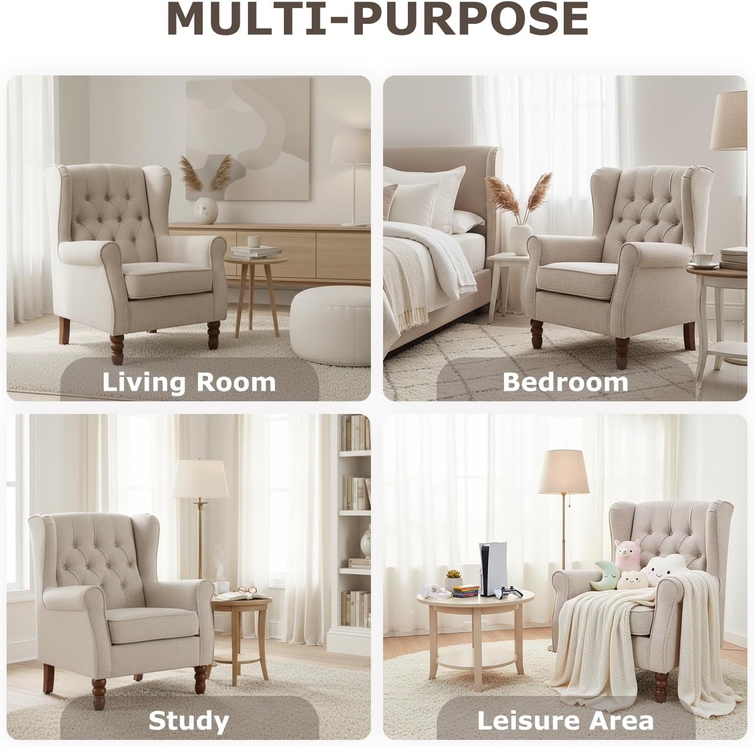 Mid‑Century Modern Wingback Accent Chair Set of 2 – Beige Upholstered Armchairs