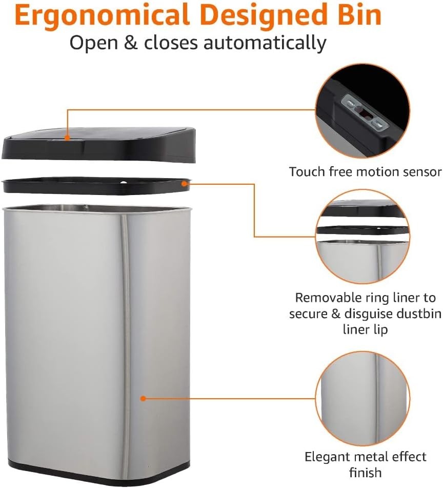 60L Stainless Steel Sensor Bin Black & Silver Kitchen