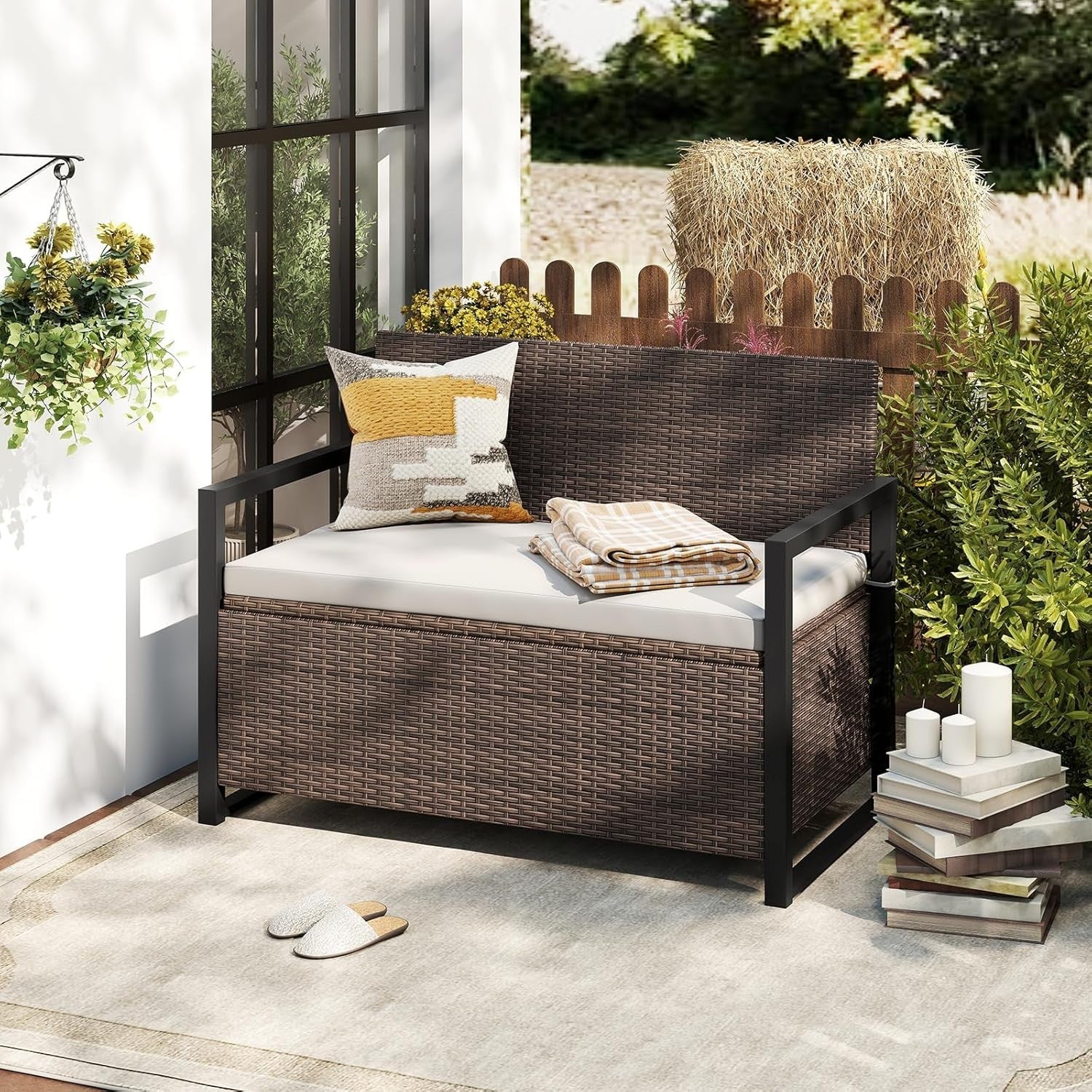 Outdoor 2-Seater PE Rattan Storage Bench with 150L Box & Padded Cushion
