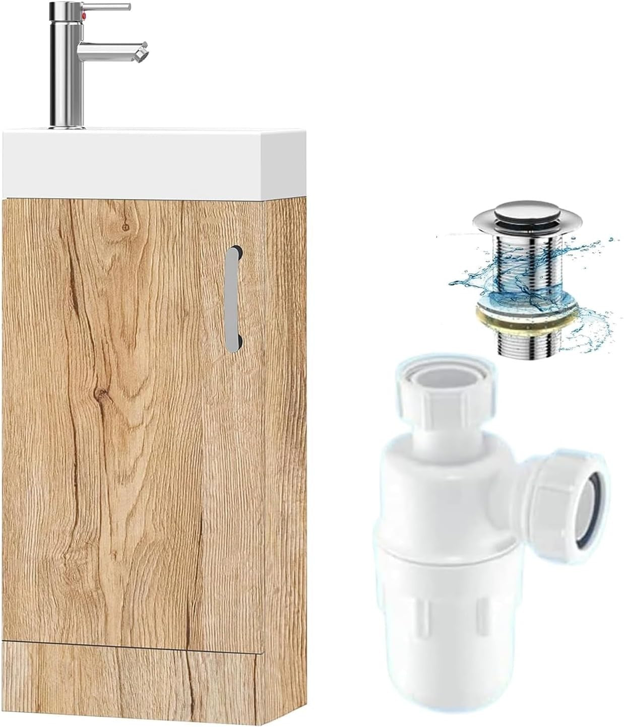 Wood Grain Vanity Unit with Basin Trap & Waste – 40cm Under Sink Storage Cabinet