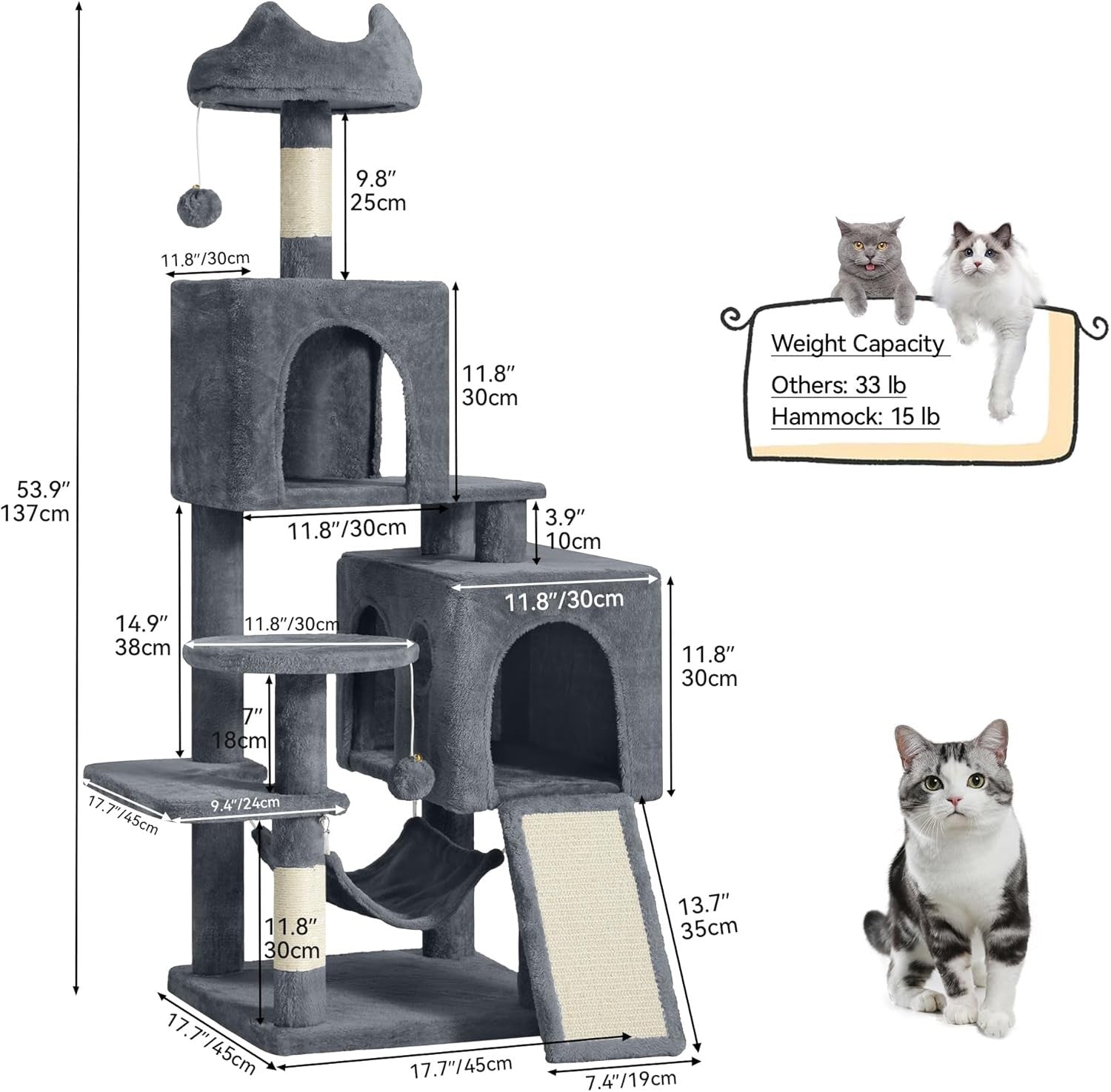 Large Cat Tree Tower 137cm Scratching Post Hammock Multi-Level XL