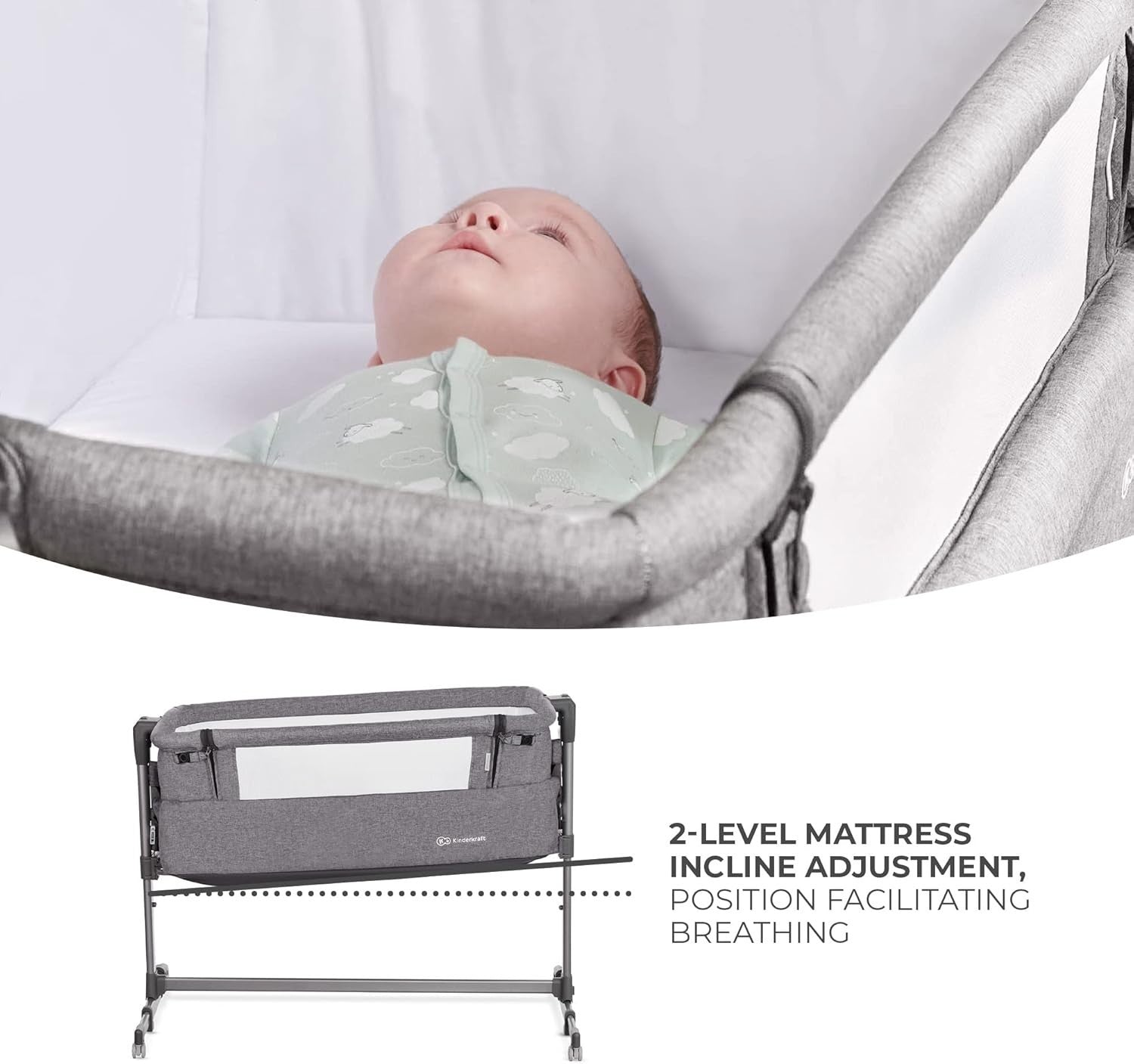 Bedside Baby Crib Co-Sleeper Cot Adjustable Height Travel Bassinet Melange Grey