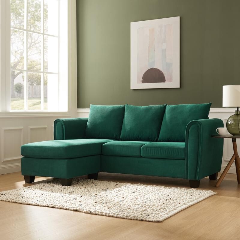 Green Cord 3 Seater Sofa with Chaise Reversible Corner Couch UK