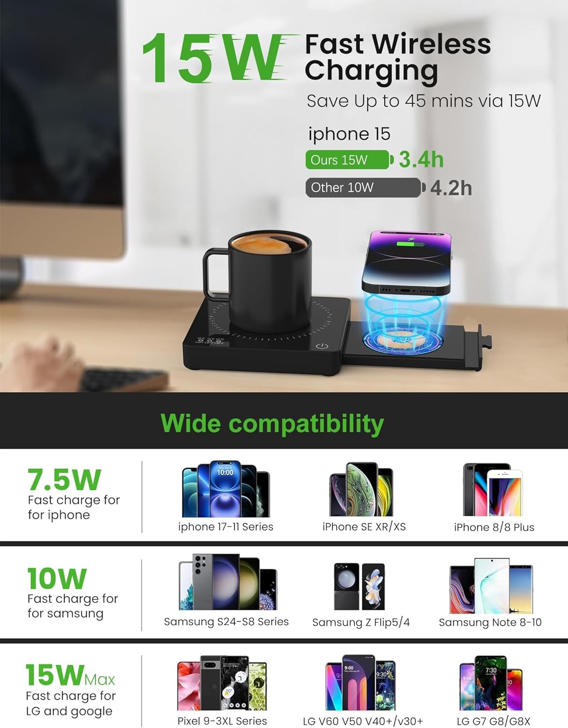 Black Coffee Mug Warmer 15W Wireless Charger 3 Temp 8H Auto Off