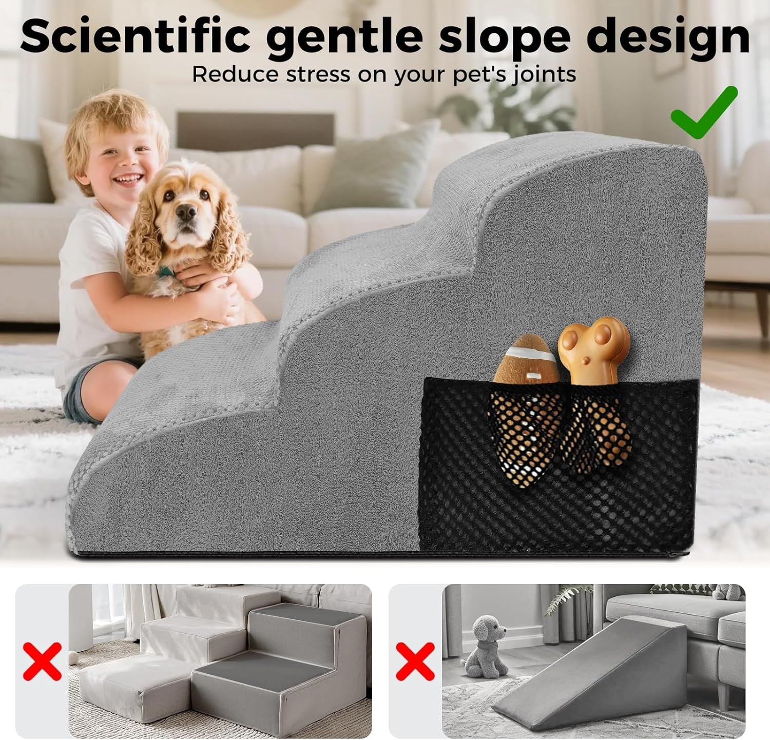 Grey 3 Step Dog Stairs 30D Foam Non Slip Ramp 60x40x40cm