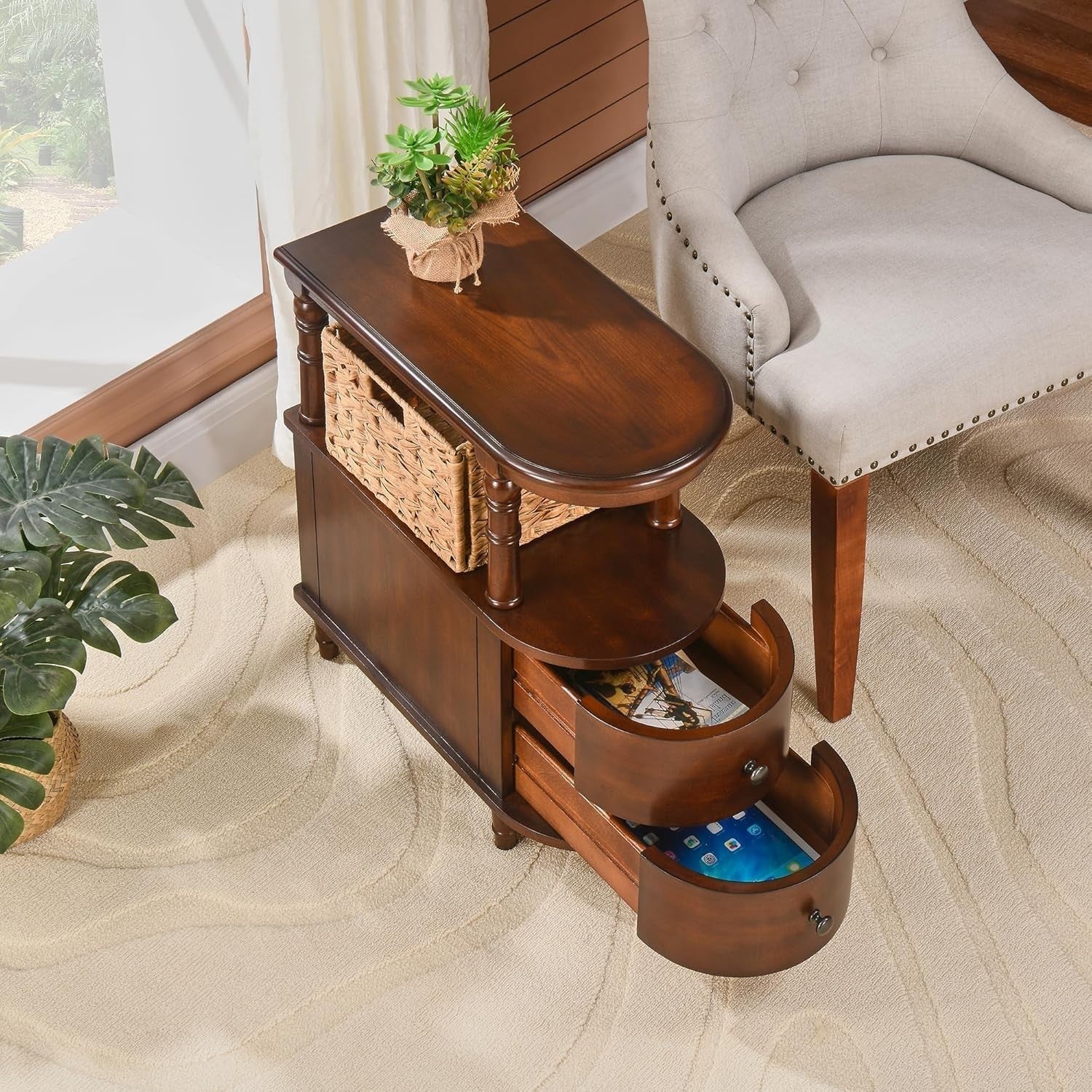 Solid Wood End Table with Drawers & Shelf – Cherry Walnut Side Table