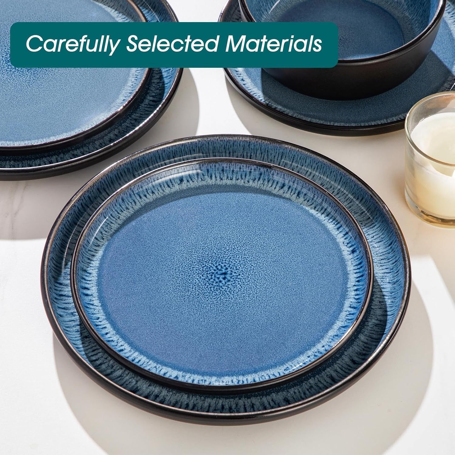 12pc Blue Stoneware Dinner Set Reactive Glaze Plates Bowls Microwave Safe
