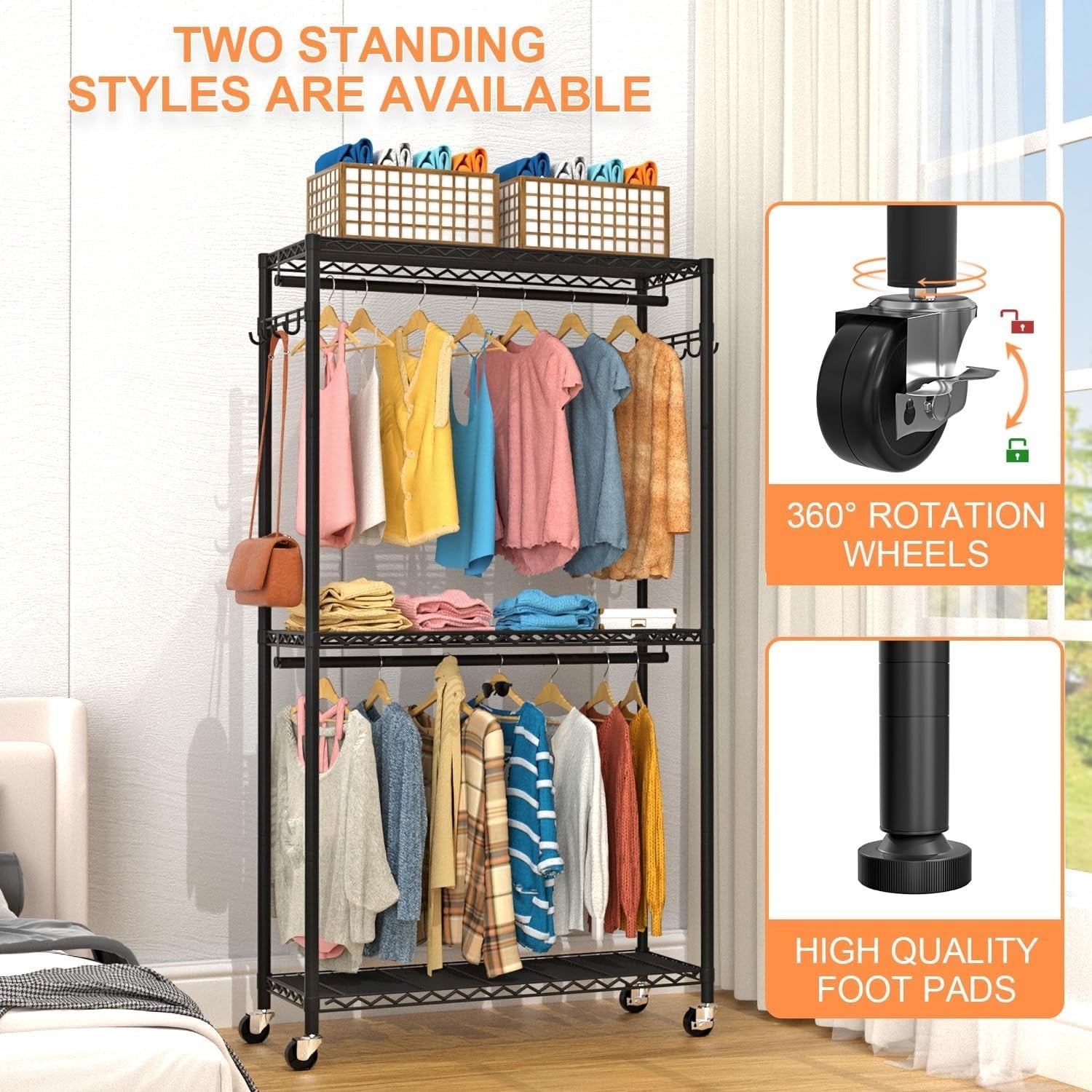 Heavy Duty 3-Tier Clothes Rail with Wheels & Double Rods – Black 90×40×200cm