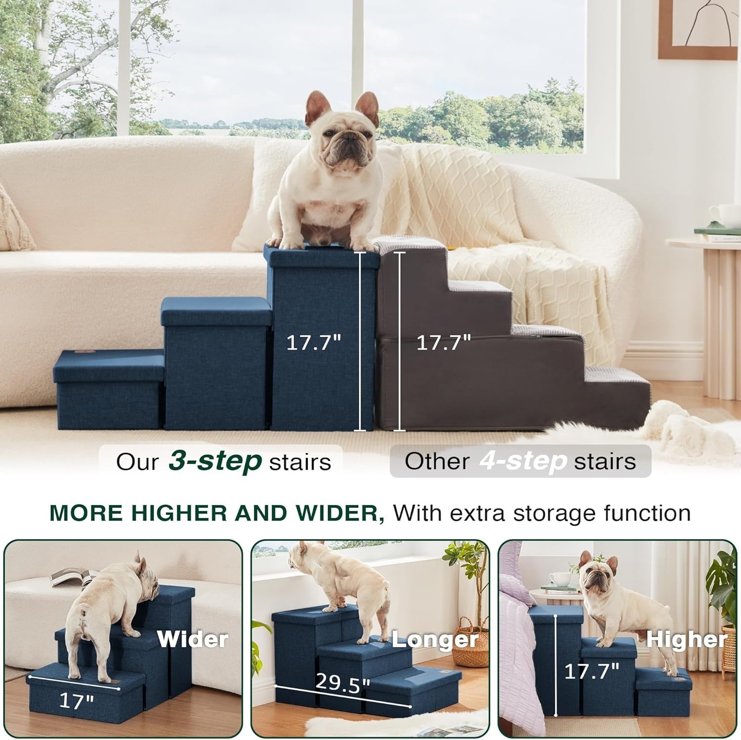 Dog Stairs 3 Step with Storage 18" High Foldable Pet Steps Navy